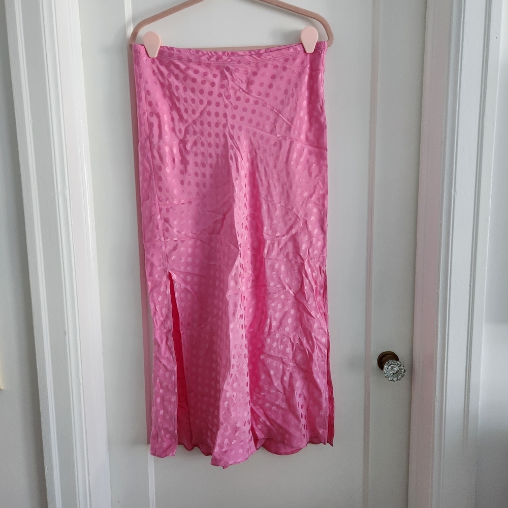 Pink Polkadot Satin Midi Skirt From River Island